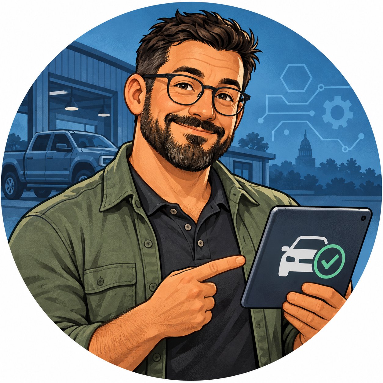 Illustrated car guy holding a tablet